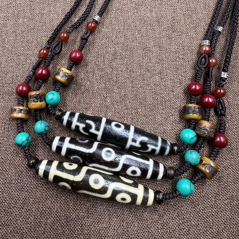 Nine-Eyed , Black and White Master Clavicle Chain, Ivory Yellow Dzi Bead Necklace, Adjustable