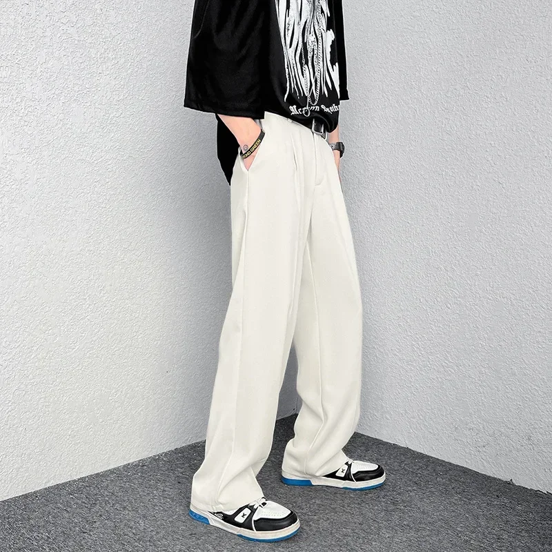 

Men Spring Straight Spliced Flat Pant Solid Zipper Fly Mid Waist Pockets Loose Sport Trousers Casual Wide Leg Full Length Pant