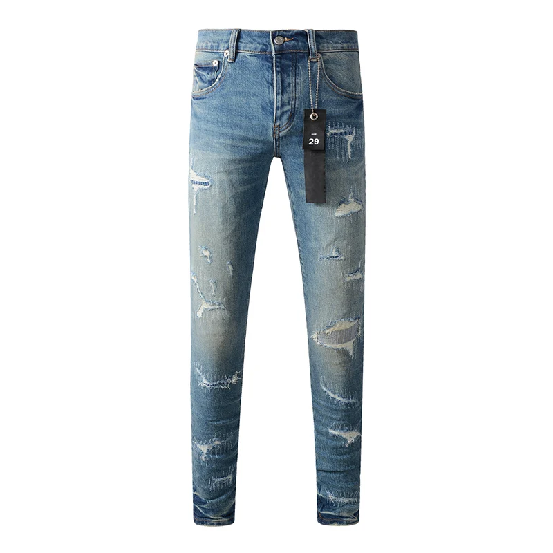 

Men's Distressed Streetwear Blue Stretch Skinny Button Fly Scratched Ripped Holes Painted Jeans Pants