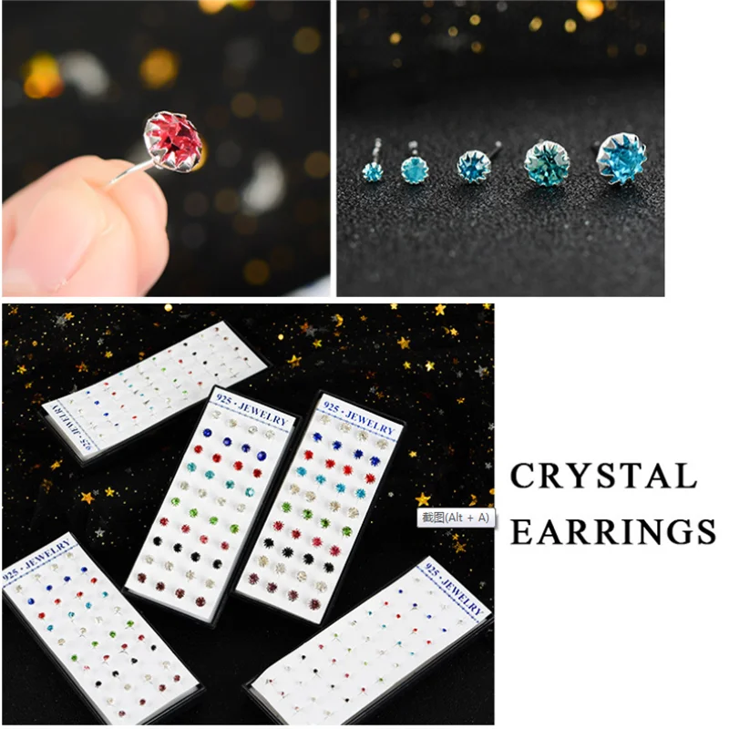 2/3/4/5MM 1 Set 40pcs 925 Sterling Silver Women Sunflower Earring Studs Mixed Color Cubic Zirconia Fashion Jewelry Party Gift