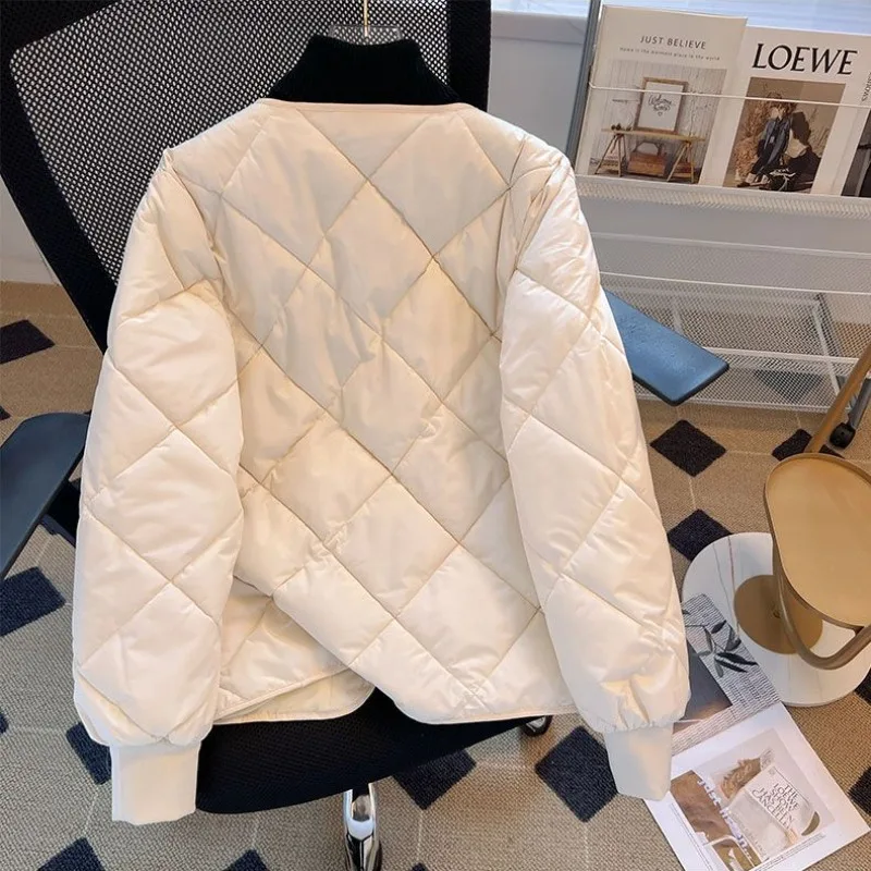 Parkas cortas con cuello en V para mujer, abrigos a cuadros de Argyle simples, prendas de vestir sólidas que combinan con todo, ropa informal Chic Ulzzang, ropa de invierno de moda Ins