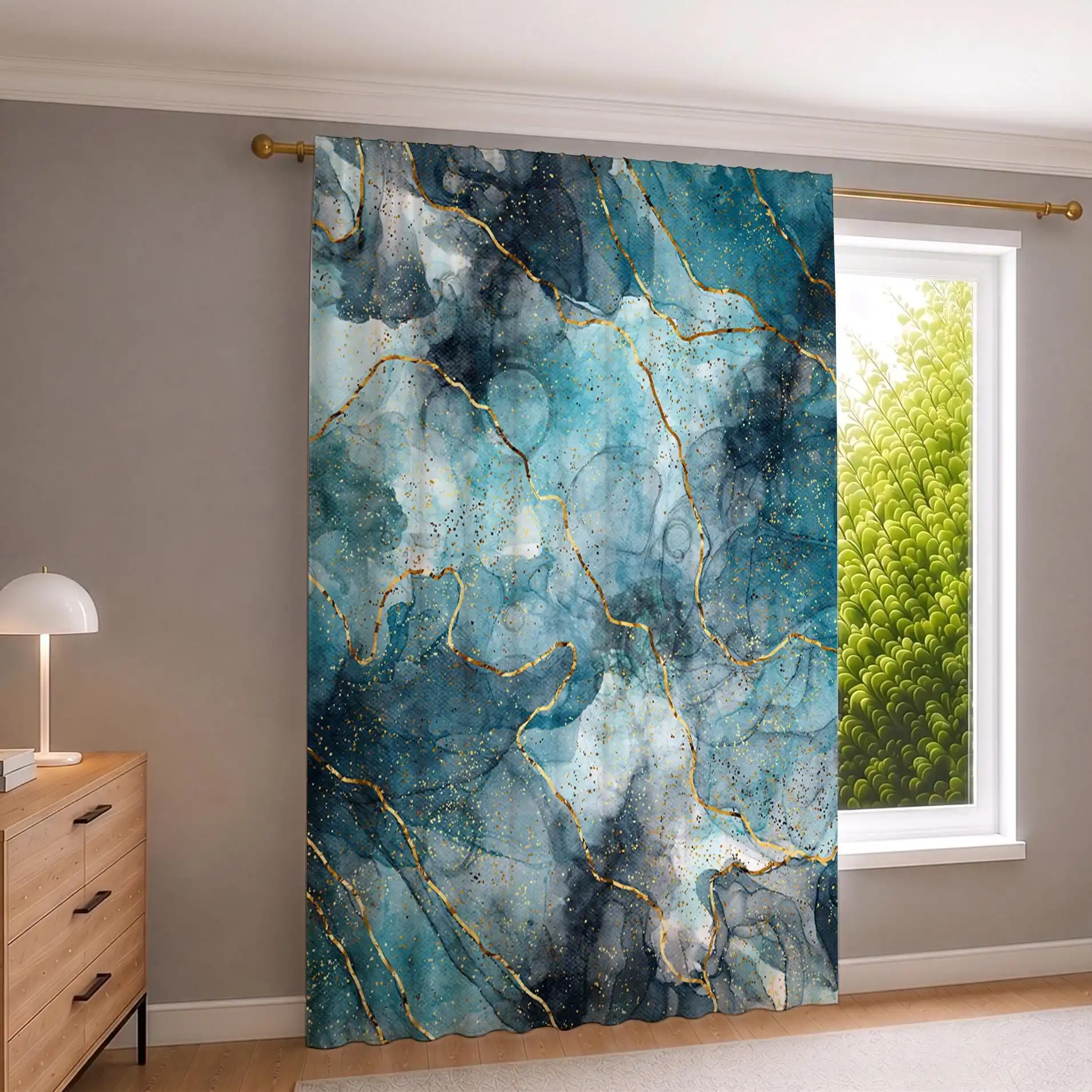 Abstract Blue Gold Marble Print Curtain Panels for Modern Home Decor Window Treatment