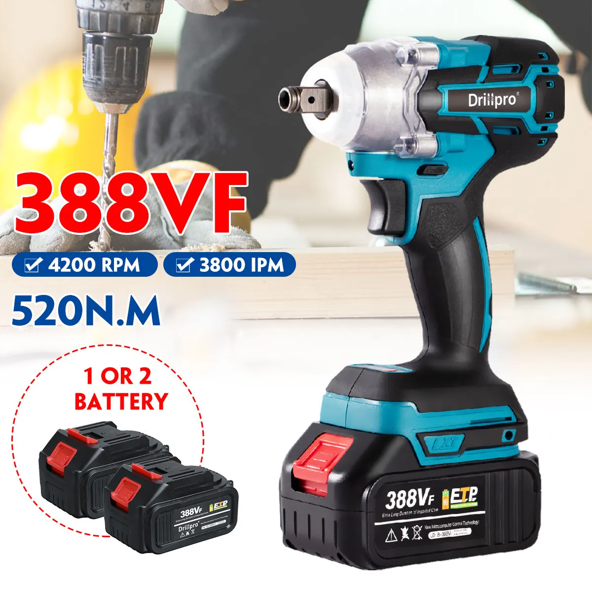 Drillpro 520N.M Brushless Cordless Electric Impact Wrench 1/2 inch Power Tools Lithium ion Battery Compatible Makita 18V Battery