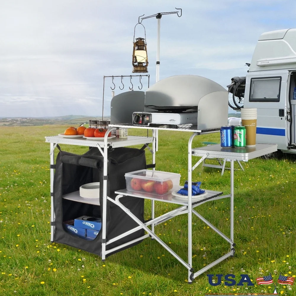 

Folding Portable Camping Kitchen Table with Storage Windshield Adjustable Lamp Stand Outdoor Cooking BBQ Picnic Adventure