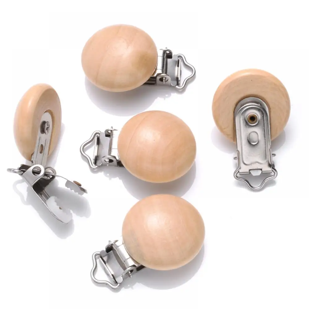 10Pcs Round Wooden Pacifier Clips 30mm Metal Holders for Baby DIY Pacifier Chain Dummy Holder Soother Clasps No-hole