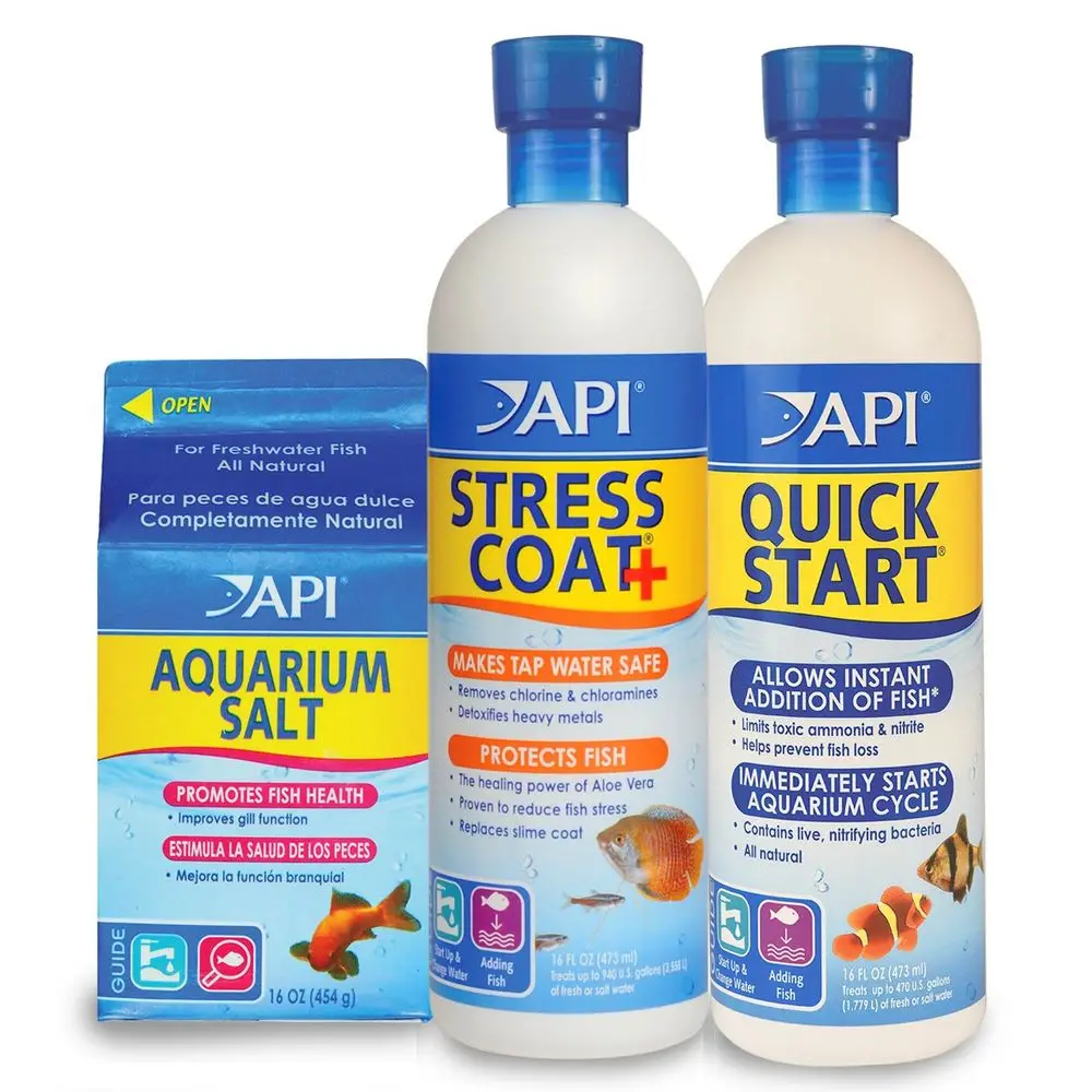 

Aquarium Starter Bundle Pack One 1 QUICK START 16 oz., one 1 STRESS COAT 16 oz., one 1 AQUARIUM SALT 16 oz.