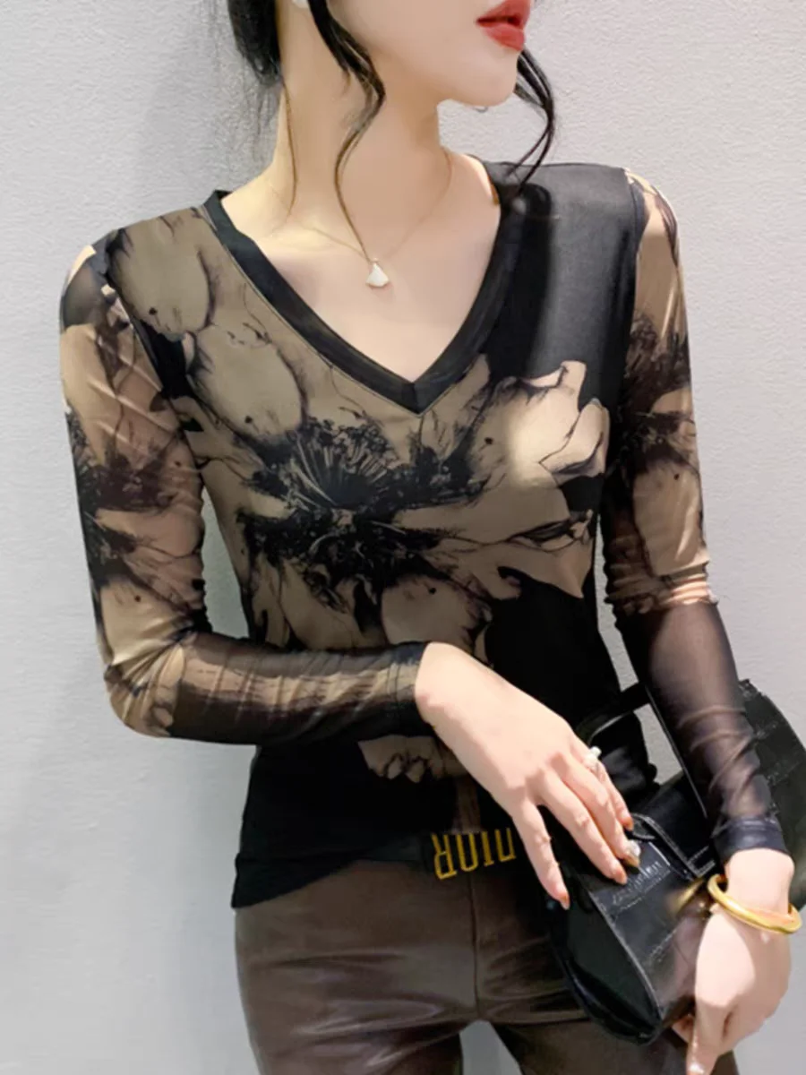 Wiosna Lato Koszulka z długim rękawem Kobiety V Szyja Slim Fit Pozycjonowanie Nadrukowane Kwiatowe Topy Rozciągliwa Elegancka Koszulka Dla Kobiet