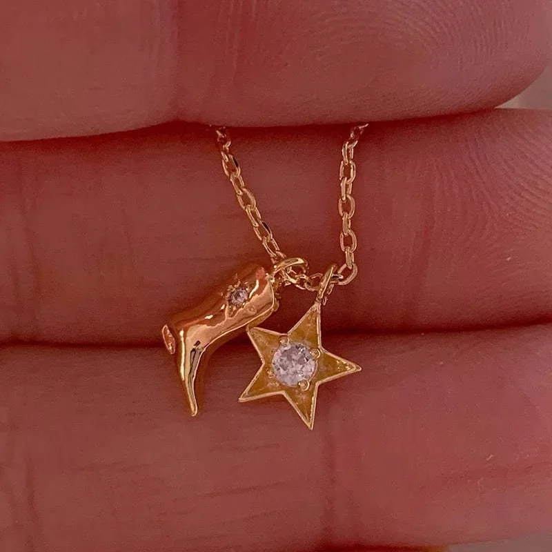 Vintage Stainless Steel CZ Zircon Star Cowboy Boots Pendant Necklace for Women Punk Westside Charms Collar Necklaces Jewelry