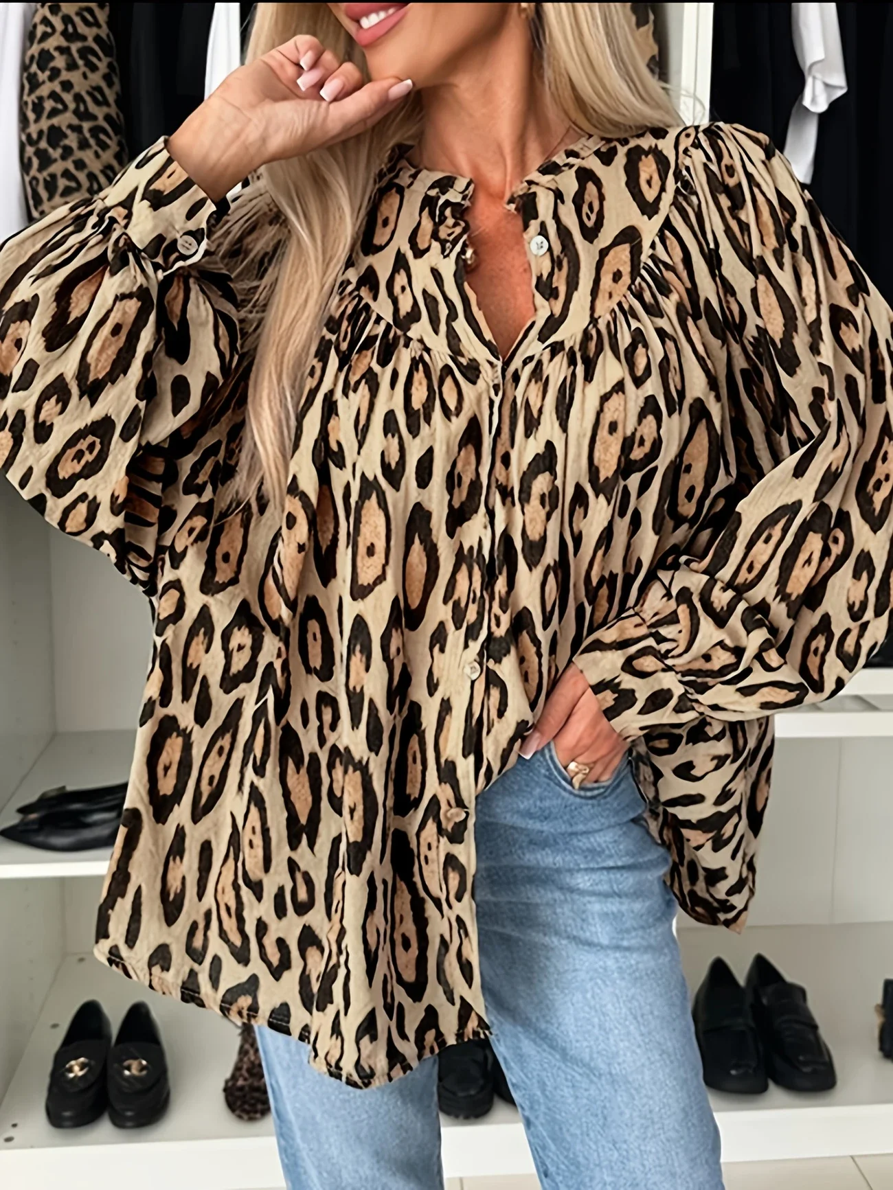 

Plus Size 1Xl-5XL Women'S Leopard Print Front Button Casual Long Sleeve Shirt Simple Lapel Design Loose with Pocket Shirt Top