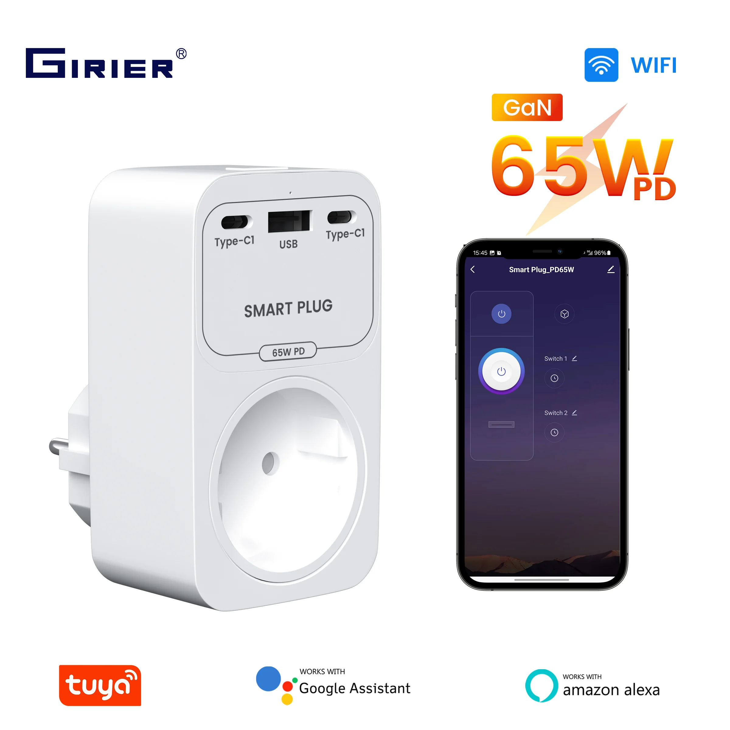 GIRIER Tuya Smart Power Plug WiFi 65W GaN Fast Charger with Fast Charging USB A Type C Ports EU/UK/US/FR Plug Works with Alexa