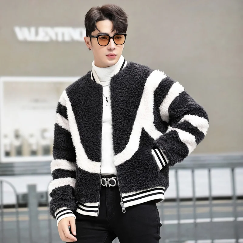 

Contrast Color Sheep Fur Coat for Men New Winter Loose Lamb Wool Genuine Leather Mens Shearling Baseball Uniform Jacket