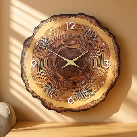 1pc wooden ring veneer wall clock, flat wood cross section texture pattern solid wood pointer design wall clock, silent clock
