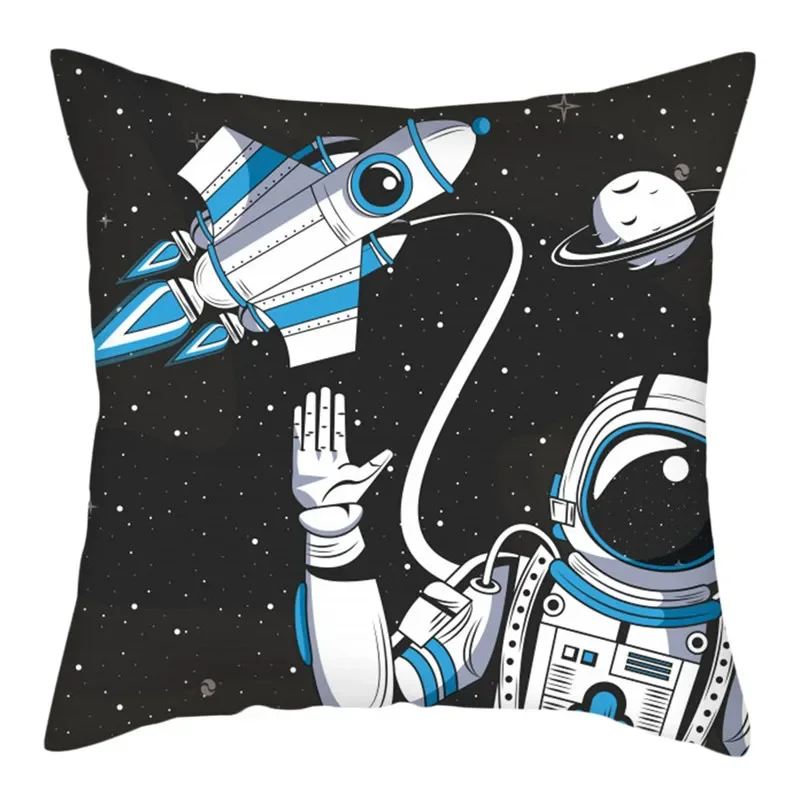 Polyester Cushion Cover Cartoon Astronaut Rocket Painted Pillow Cover For Home Car Sofa Chair Decor Pillowcases 45x45cm