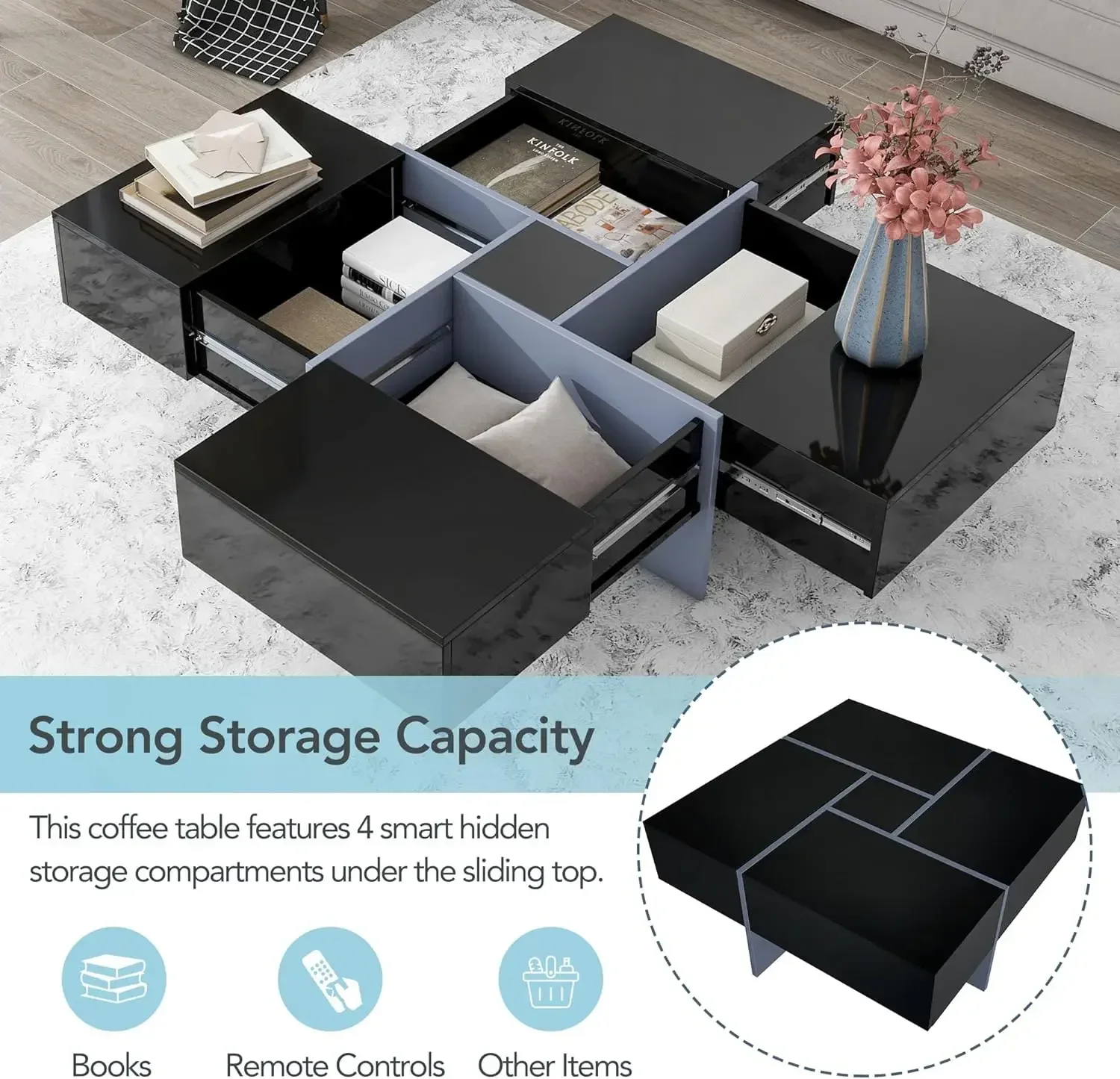 

Журнальный столик с 4 скрытыми хранилищами, центральный стол с выдвижной столешницей, глянцевые журнальные столики для гостиной, черный