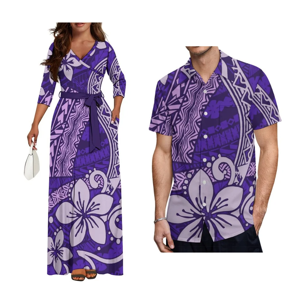 Tribal Ethnic Patterned Print Summer Couple Clothing Polynesian Women Long Sleeve V-Neck Dress Men Short Sleeve Shirt 2025