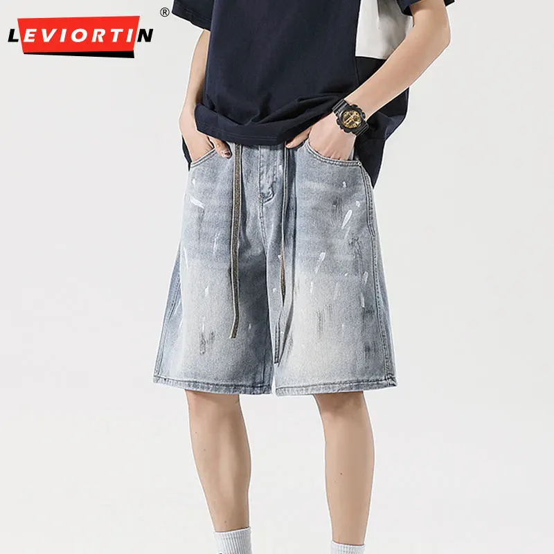 

Мужские потертые джинсовые шорты свободного покроя, винтажные потертые прямые брюки, удобные джинсовые короткие брюки свободного кроя, повседневная уличная одежда