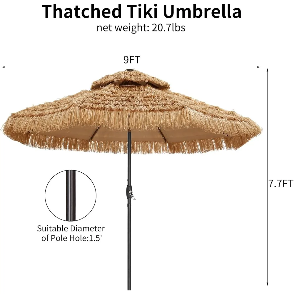 9 ft 2-Tier Solar Tiki Umbrella, 32 LED Ligths Hula Thatched Tiki Umbrella, Straw Umbrella, Pool, Patio, Beach