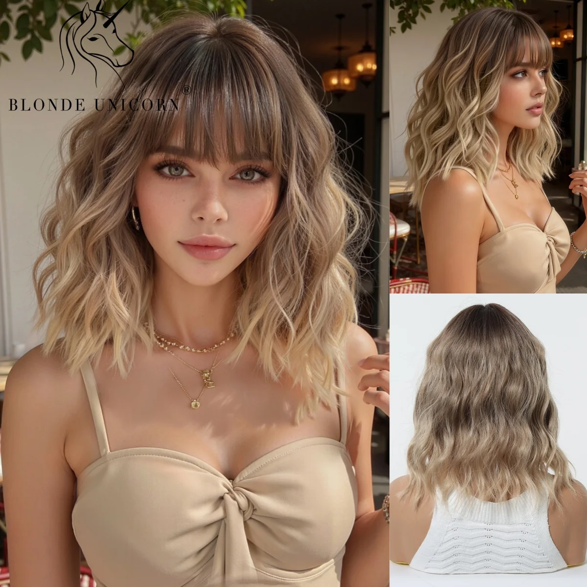

Long Wavy Bob Ombre Blonde Synthetic Wig with Air Bangs Natural Looking Heat Resistant Fiber Wigs for Women Shoulder Length Hair