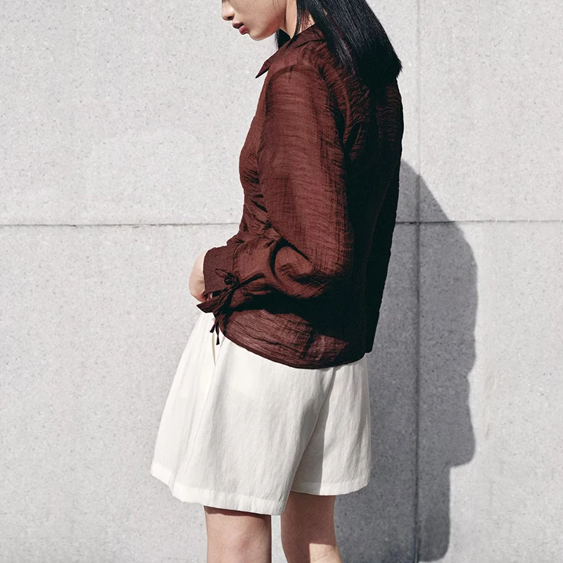 

Summer 2025 Commute irt Women's Long Sve Pleated Effect Turn-down Collar Commute irt Straight Cut Polyester Fiber