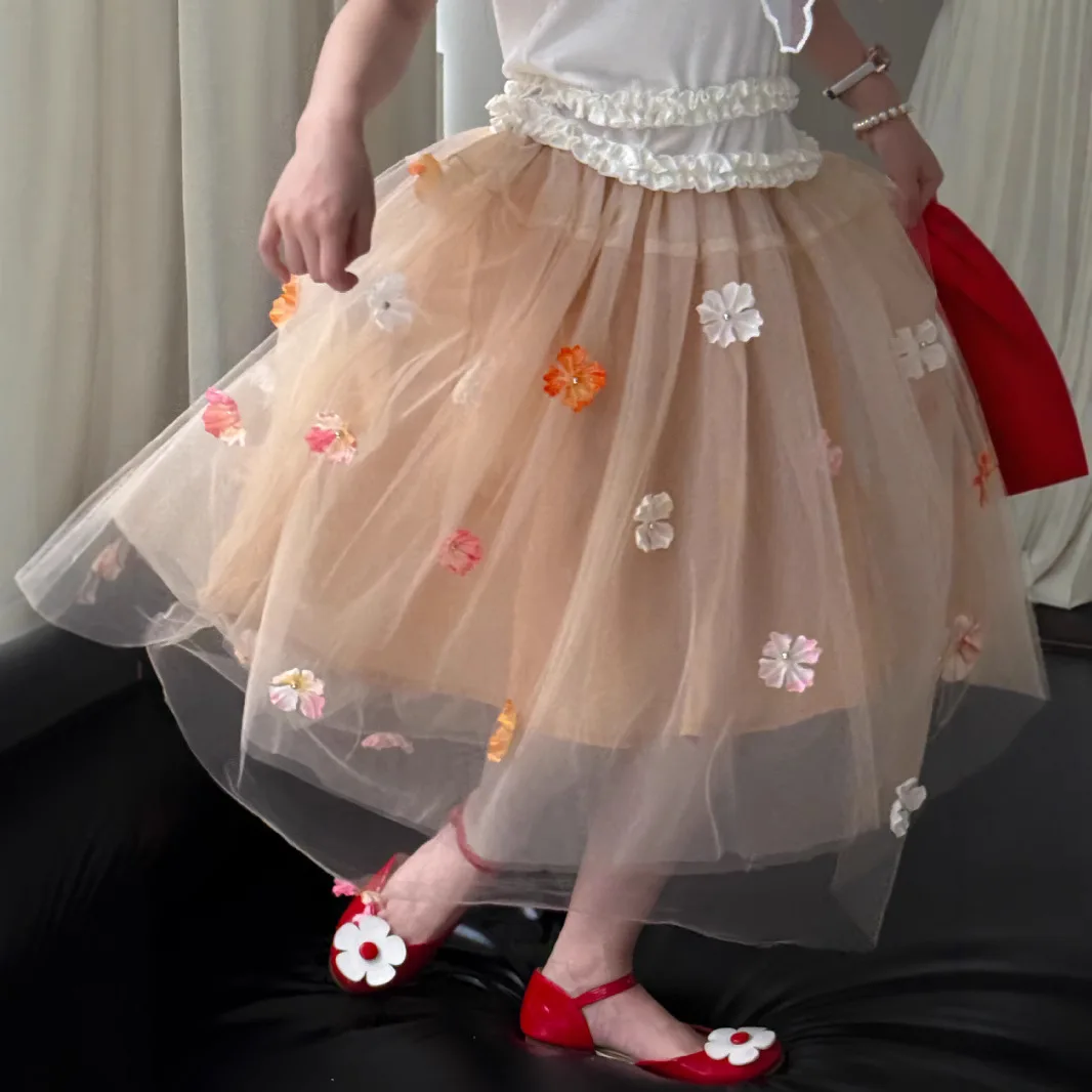 

Kid Baby Girl Summer Mesh Skirt Cotton Colorful Flower Toddler Girls Skirt Sweet 3D Flower Multi-layer Tulle Skirt For 2-8Y Girl