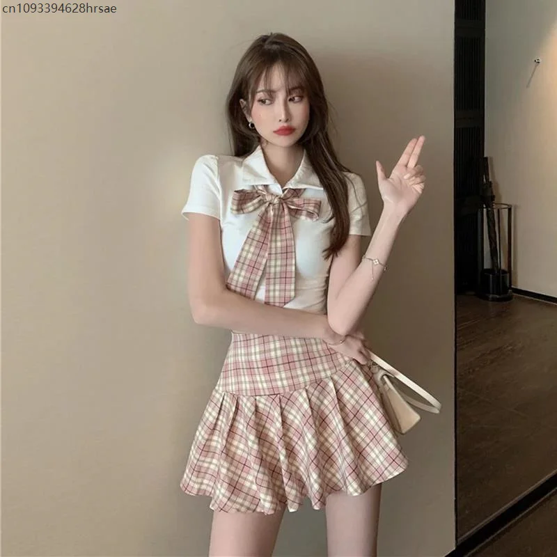 

2025 Hot sale Korean Fashion Two Piece Sets Womens Outifits Woman Short Skirt Sets Bow White Shirt Plaid Pleated Skirts