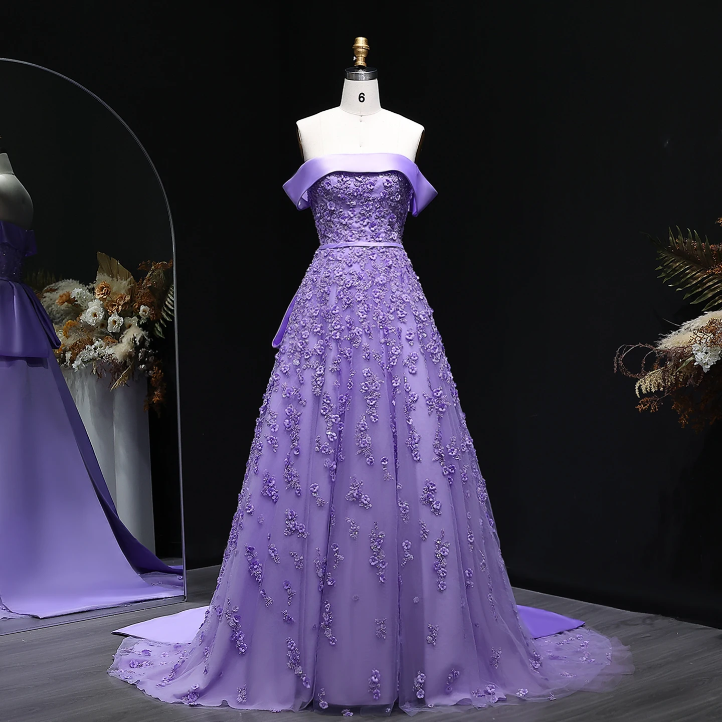 

Sharon Said Luxury Lilac Off Shoulder Evening Dress with Train 3D Flower Belt for Women Wedding Party Prom Gown SS556 Customized