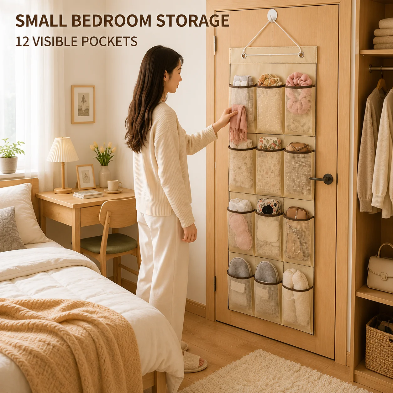 Small Apartment Bedroom Hanging Organizer, 12 Pocket Beige Mesh Storage Bag for…
