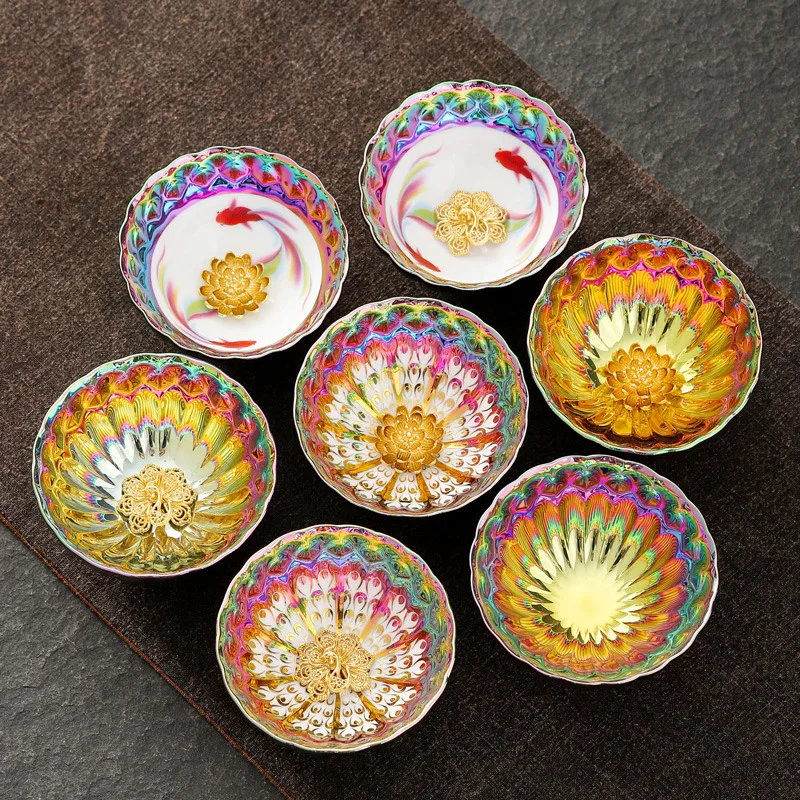 Kiln Transformed Tea Cup Rainbow Inlaid with 3D Gold Lotus Flowers,Ceramic Home Master Cup,Gilded Kung Fu Cup,Tea Tasting Bowl