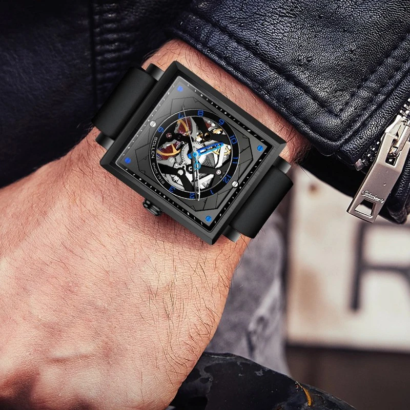 SOLLEN Merk Mode Skeleton Vierkante Wijzerplaat Mechanisch Horloge voor Mannen High-end Rubberen Band Waterdichte Automatische Horloges Mannelijke