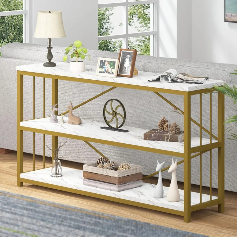 3 Tier Console Table, Modern Faux Marble Gold Sofa Entryway Table, Wood Metal Hallway Tables Side Table Living Room