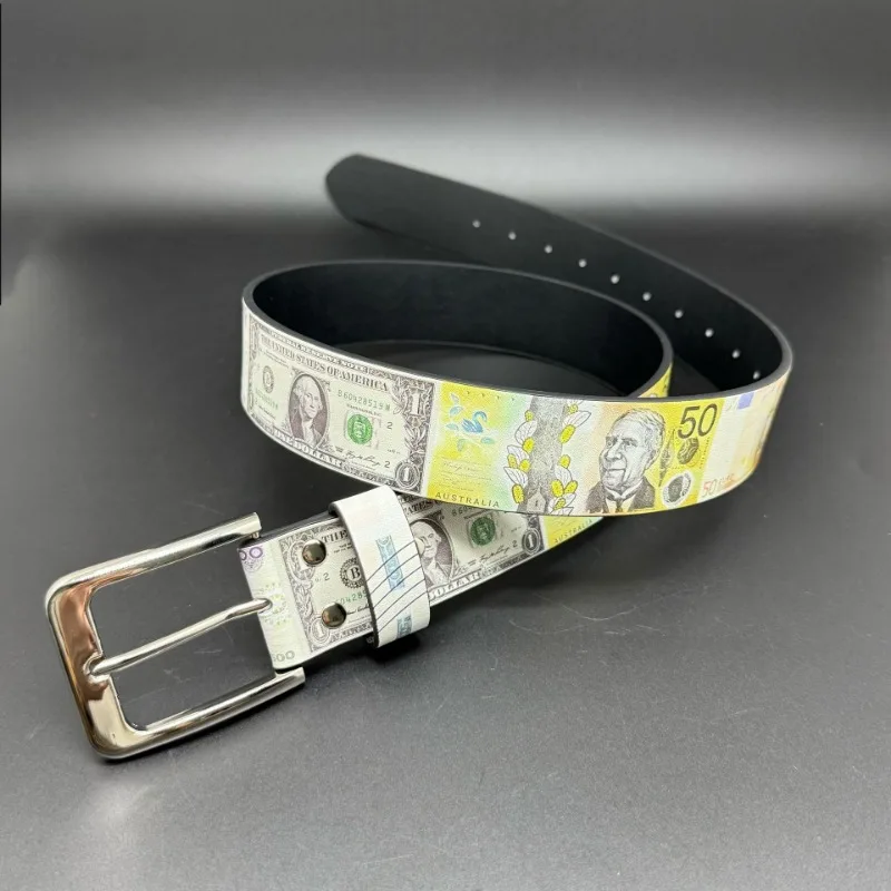 Y2K Belt Dollar Money Print Waist Belt Retro US Dollar Euro Bank Note Pattern PU Leather Adjustable Pin Buckle Belt for Pants