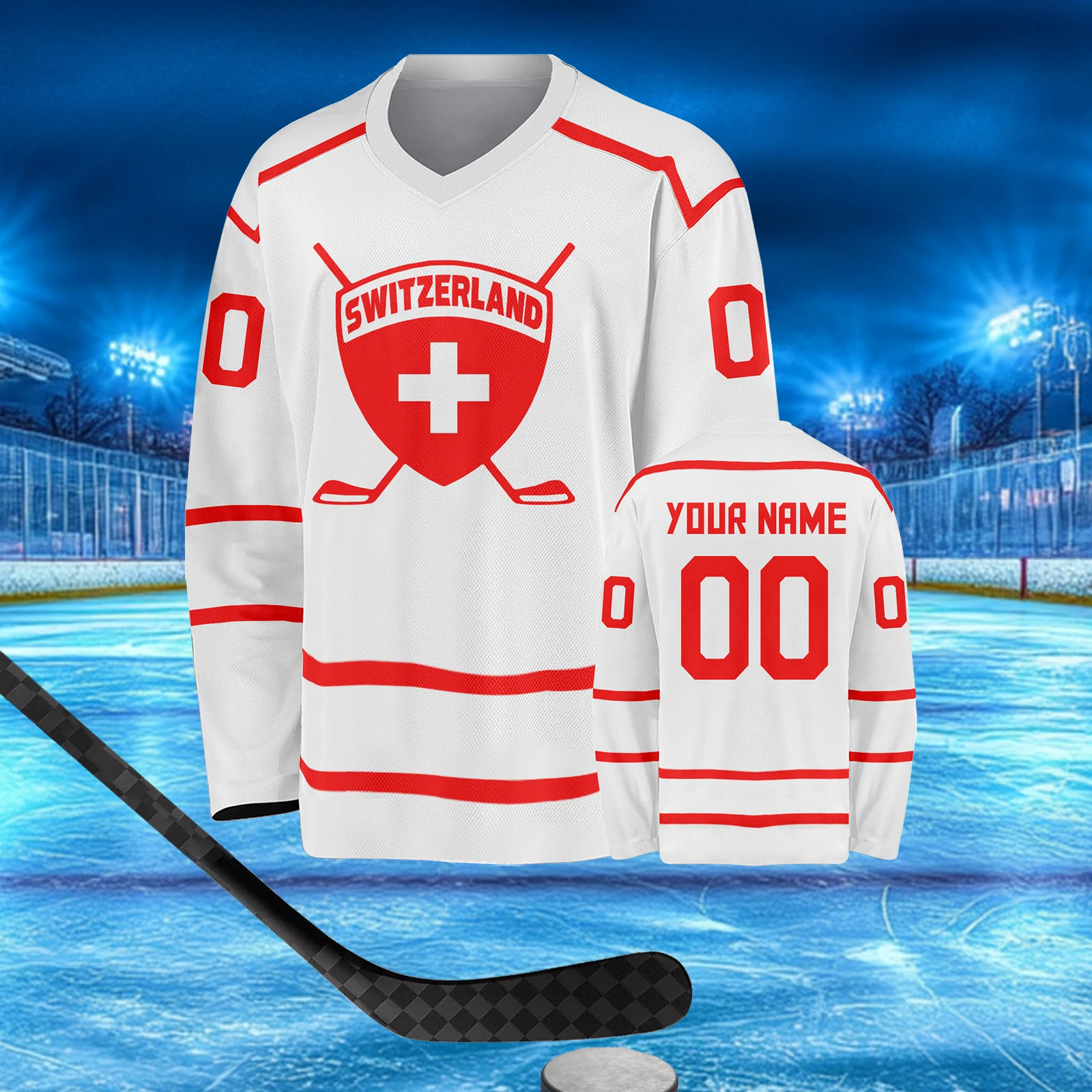 Switzerland Custom Hockey Jersey with Name Number Personalized Swiss Team Shirt for Men Women Youth Kids Fans Ice Hockey Uniform