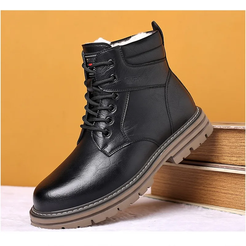 Botas de vaqueiro de couro britânico masculino, sola macia, tornozelo quente, sapatos de algodão, designer masculino, moda inverno