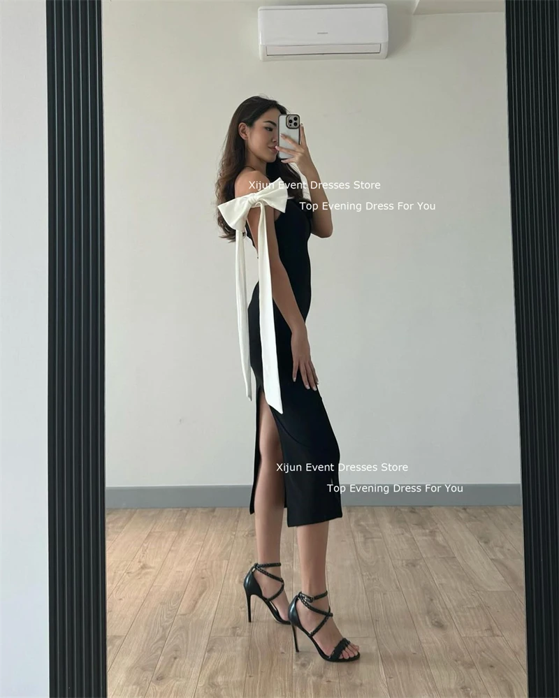 Xijun Simple Black White Short Evening Dresses Bow Sleeves Slit Prom Dresses Formal Occasion Tea Length Prom Gown Saudi Arabric