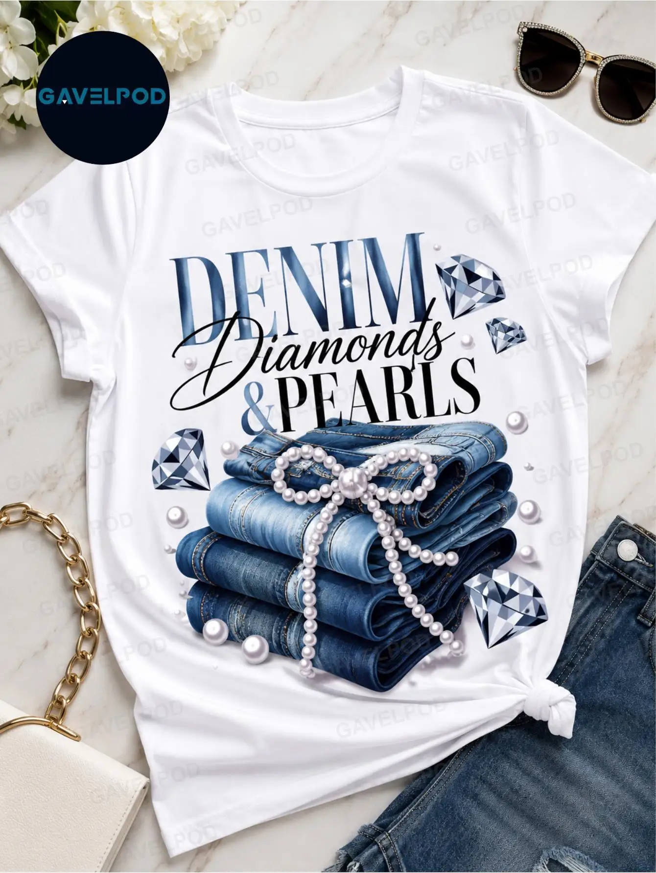 Men'S And Women'S Unisex Maternity Clothes One Size Denim Pearl Pattern Print T-Shirt Chic Trendy Lightweight Workplace Top Skin-Friendly Fashionable Four Seasons Short Sleeve 180G 100%