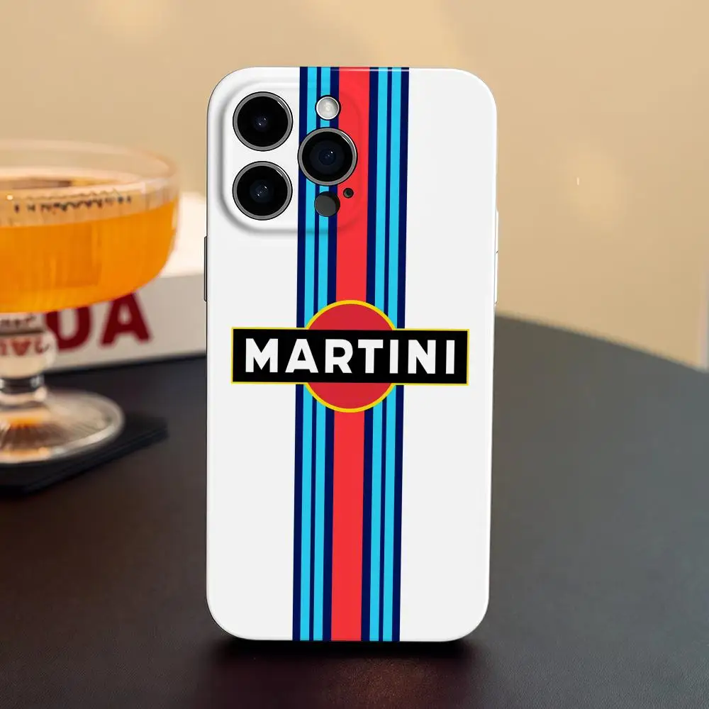 Custodia per telefono per iPhone 17 16 15 14 13 12 Pro Max Plus Pellicola liquida lucida HD con foro fine Soft Shell Martinis Racing Stripe