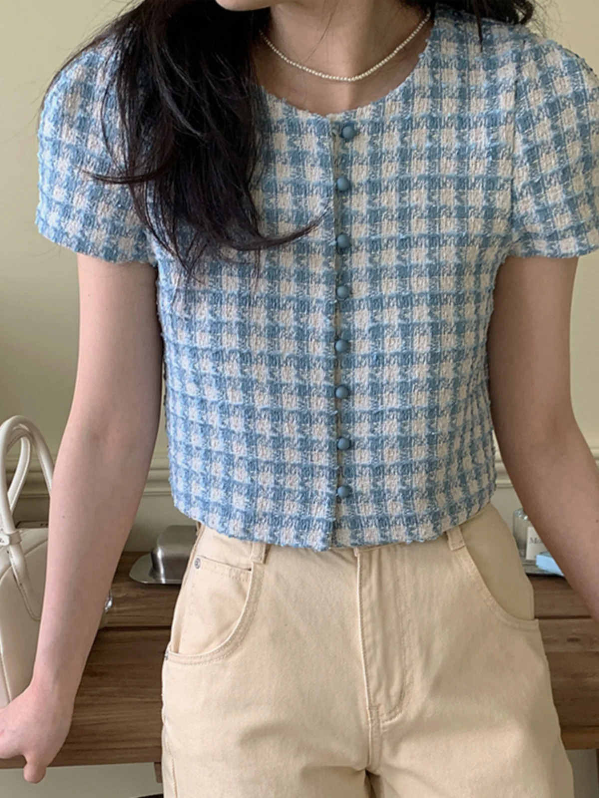

Chic ort Bubble Sve Cheered Thin Women's Coat Sweet Button Design Thiened Flannel Faionable Commute Sle round Ne