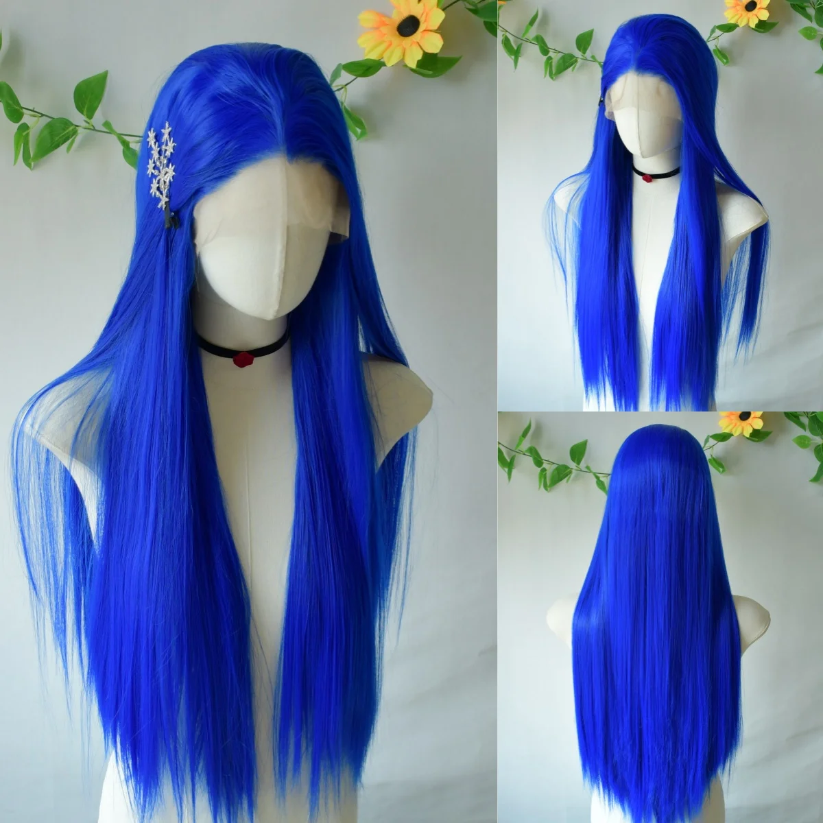 Blue Wig Bone Straight Lace Front Wig Glueless 13x4 HD Synthetic Lace Frontal Wigs for Women Pre Plucked Daily Use Cosplay