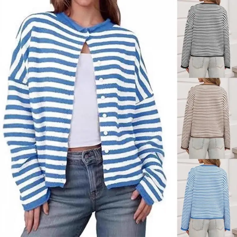 

Женский вязаный кардиган в полоску, мягкий вискозный свитер, топы с длинными рукавами для осени и зимы, офисная повседневная