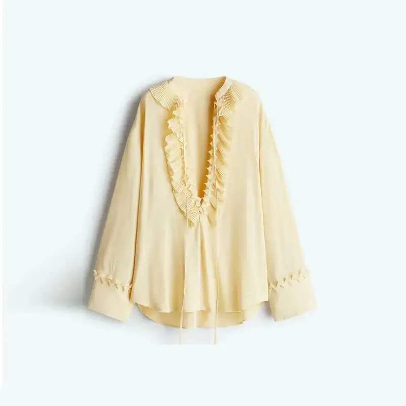 أنيقة الدانتيل يصل بلوزة صفراء تنورة مجموعة المرأة فضفاضة كاملة مضيئة كم الخامس الرقبة أعلى طويلة مطوي التنانير 2025 الصلبة الصيف سيدة البدلة