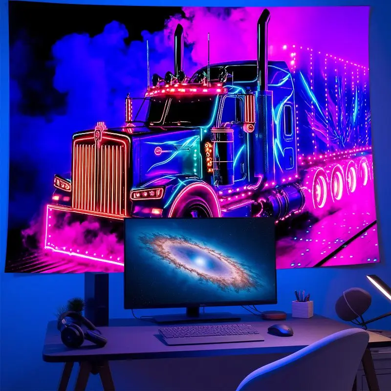 VIKAMA Cyberpunk Cyber Neon Heavy Truck Steam Night Scene Tapestry, Industrial Wall Hanging for Bedroom Living Room Dorm