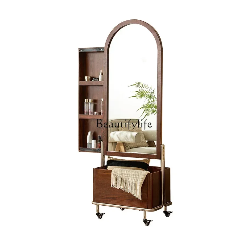 

FG28Wabi Sandy Wind Solid Wood Hanger Household Integrated With Full Mirror Coat Rack Storage Dressing Rack