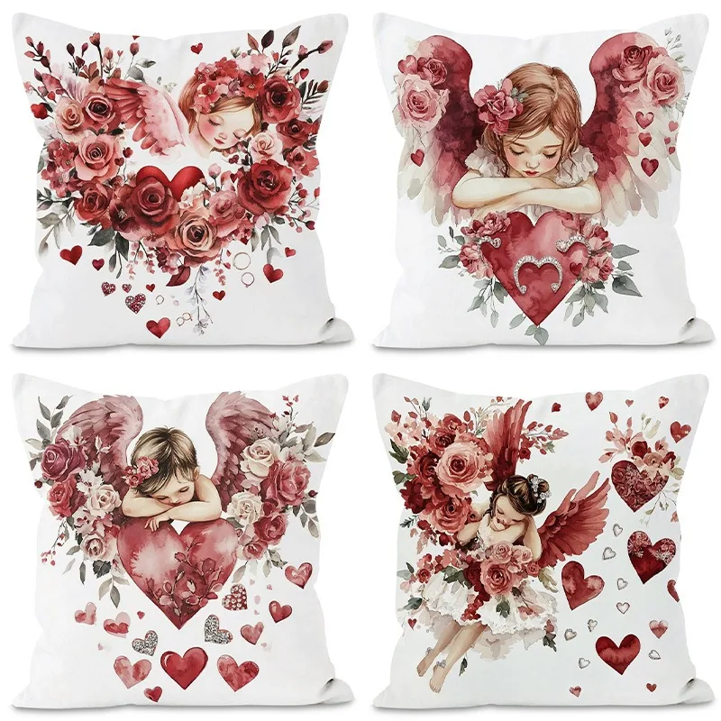 

Valentine's Day Angel Print Home Decor Pillowcase Bedroom Living Room Sofa Decoration Polyester Cushion Cover with Zipper