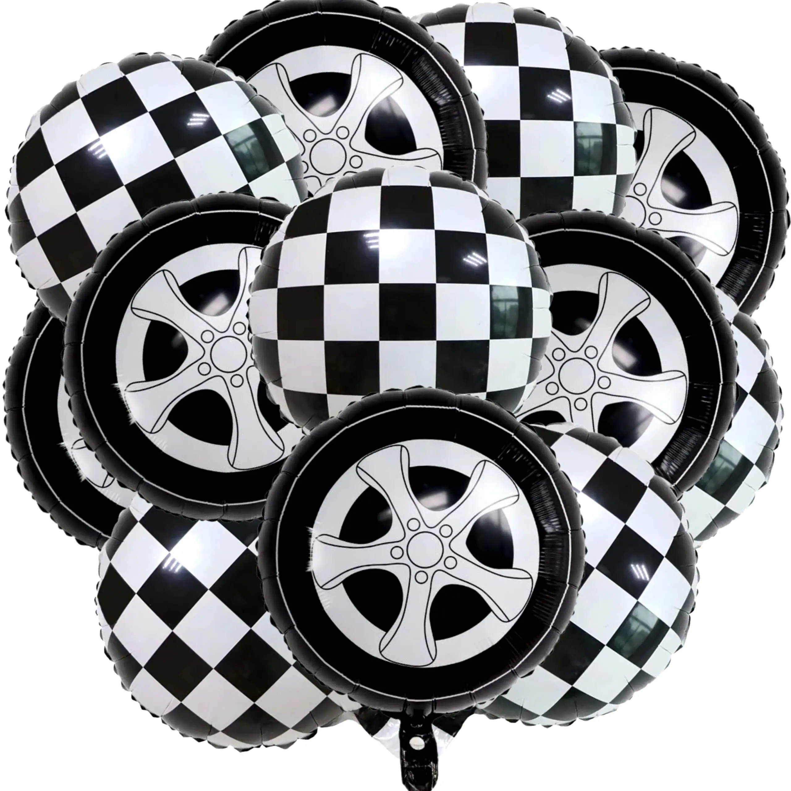 

24Pcs Race Car Balloons Tire Foil Balloons Checkered 18 Inch White and Black Balloons Checkered Racing Wheel Balloon