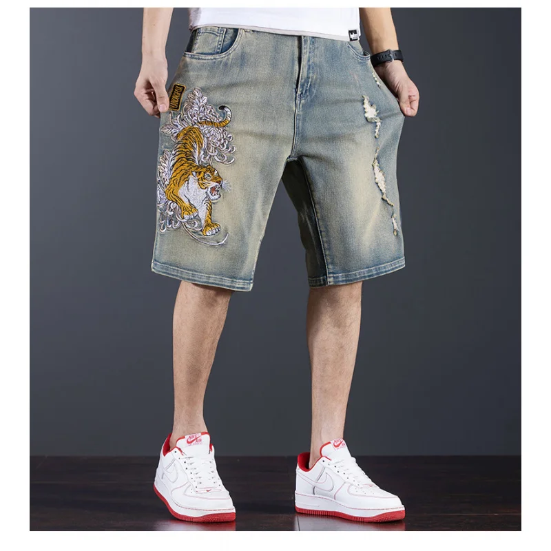 Chinese Style Tiger Embroidered Denim Shorts Men's Loose Hole plus Size Trend Casual Retro Distressed Cropped Pants