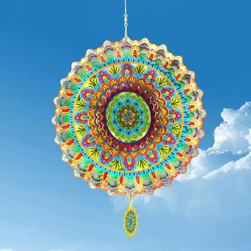 Wind Spinner Mandala Hanging Decor for Outdoor Yard and Garden Kinetic Sculpture Metal 3d Flower Chime Ramadan Patio Ornaments