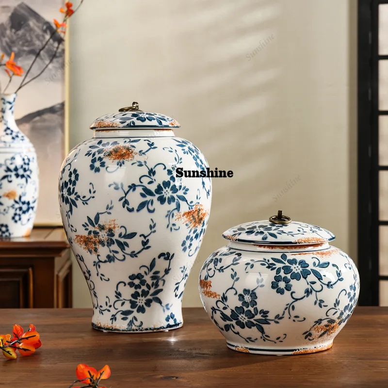Blue and white porcelain antique vase with a high-end feel, new Chinese style living room large flower arrangement decoration, s