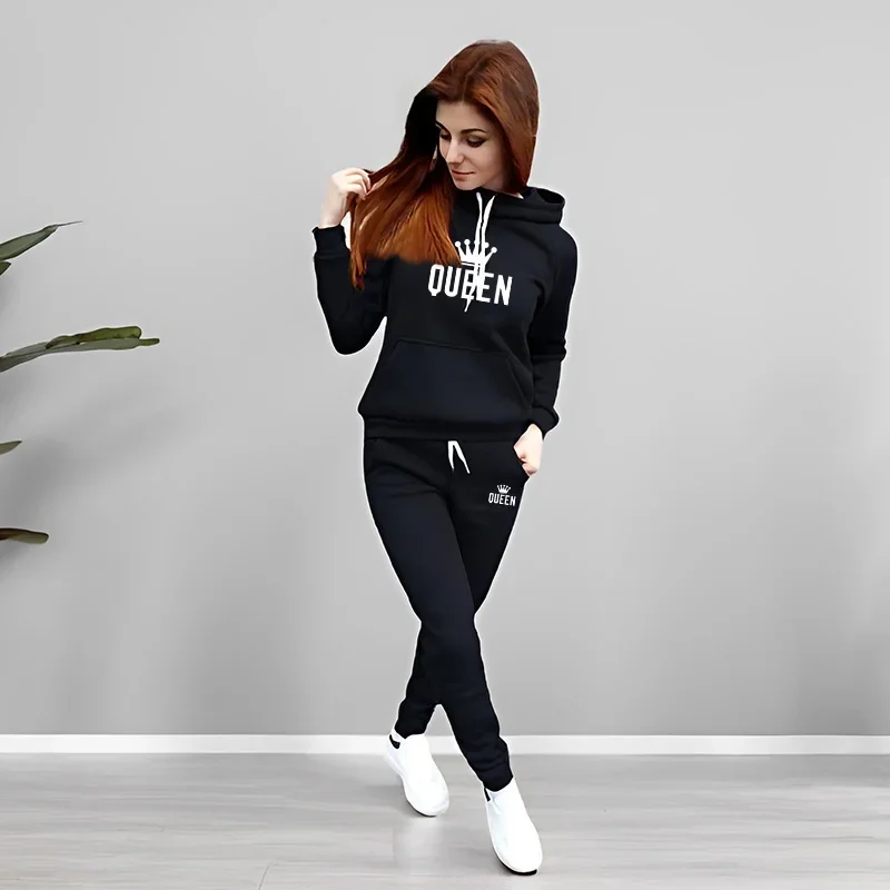Casual Daily Wear Autumn Winter Sporty Lounge Outfit 2025 New Arrival Women 2 Piece Set Queen Printed Hoodie and Pants Tracksuit