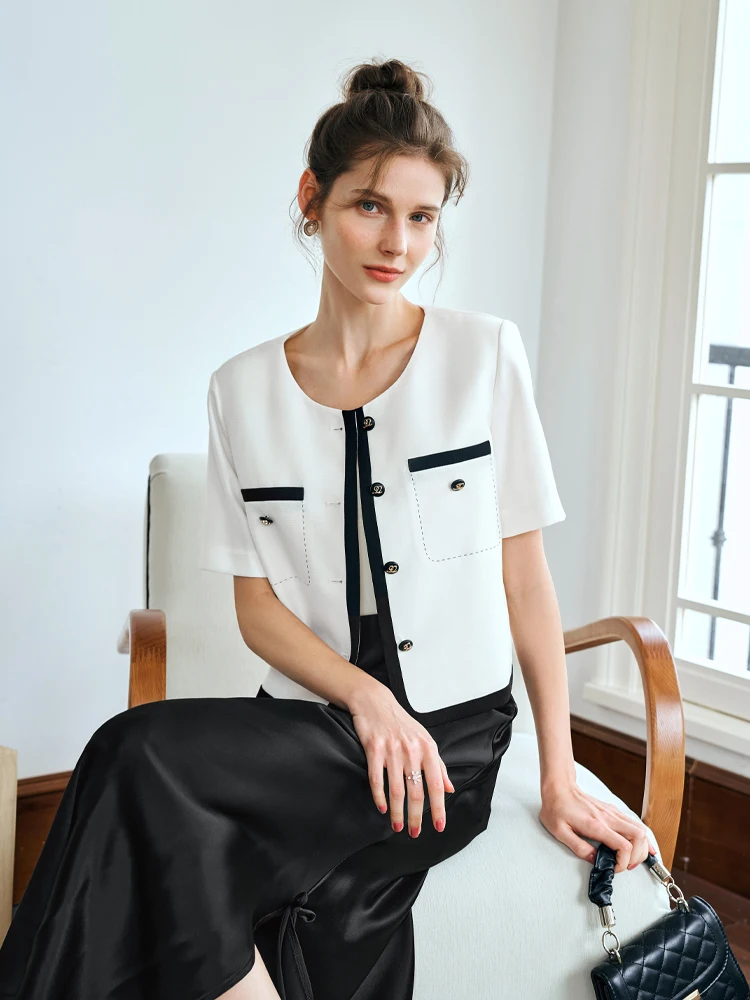 

OLrain Women Summer Tweed Cropped Jacket 2025 Summer Elegant Office Ladies Short Sleeve Single Breasted White Jacket O24XW92309