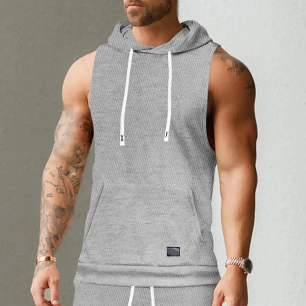 Solid Color Hooded Vest Men's Casual Hooded Knitted Vest with Front Pocket Large Pockets Sports Style for Fitness for Men